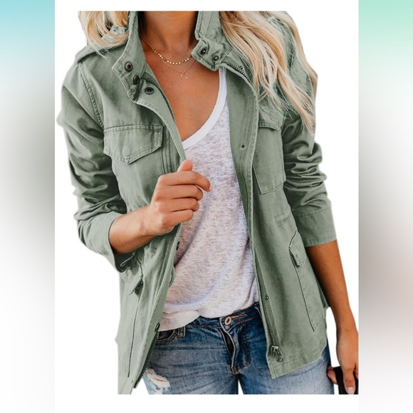 Women’s Military Jacket Zip Up Snap Button with Pockets - Picture 4 of 5